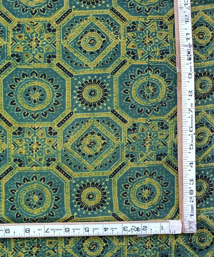 2.5m Green yellow ajrakh print handspun hand woven cotton kurta fabric
