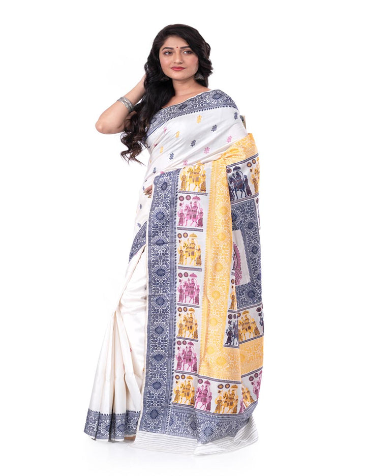 White multicolor handwoven malda silk swarnachari baluchari saree
