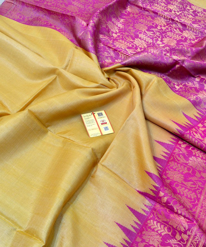 Yellow pink hand woven kosa tussar silk saree