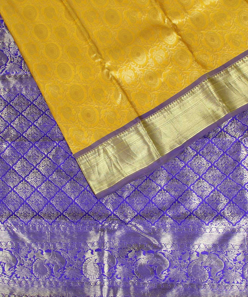 Yellow blue handwoven karnataka brocade silk saree