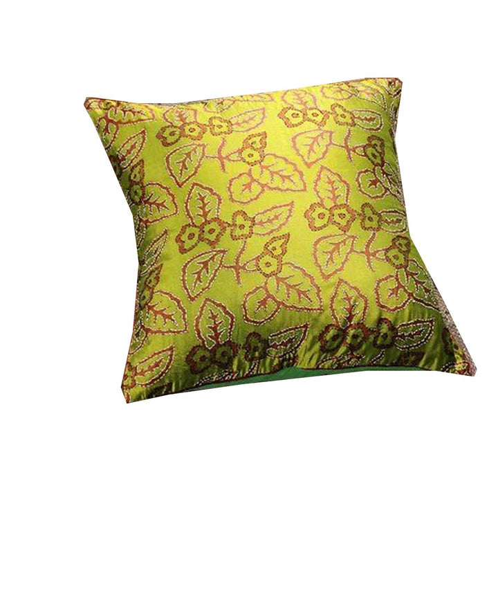 Lime green kantha stitch hand embroidery tussar silk cushion cover