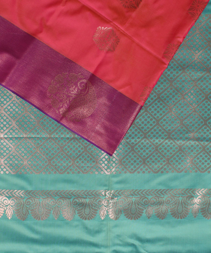 Pink sea blue handwoven Karnataka soft silk saree
