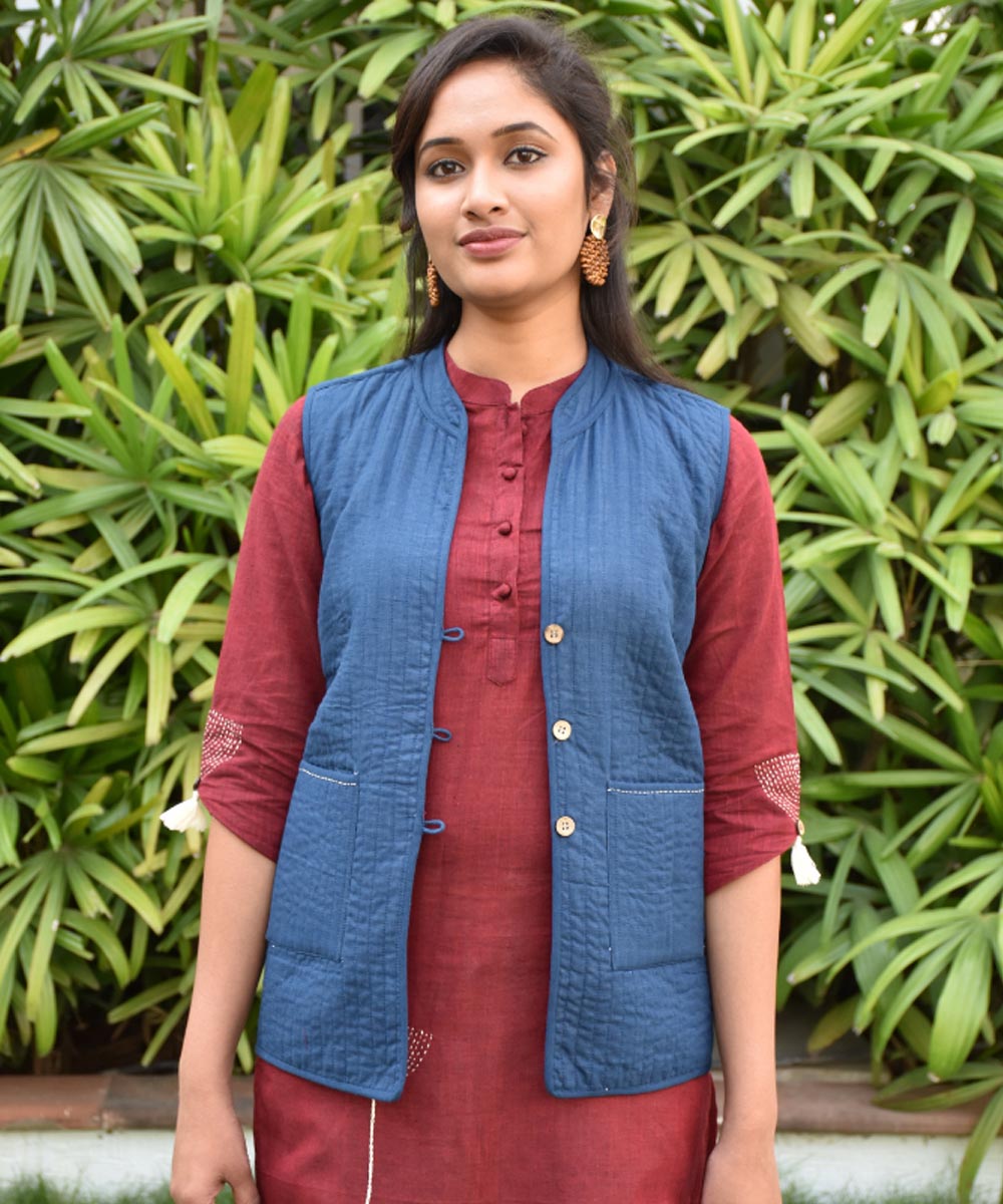 Reversible sleeveless quilted jacket in blue and white handwoven ikat