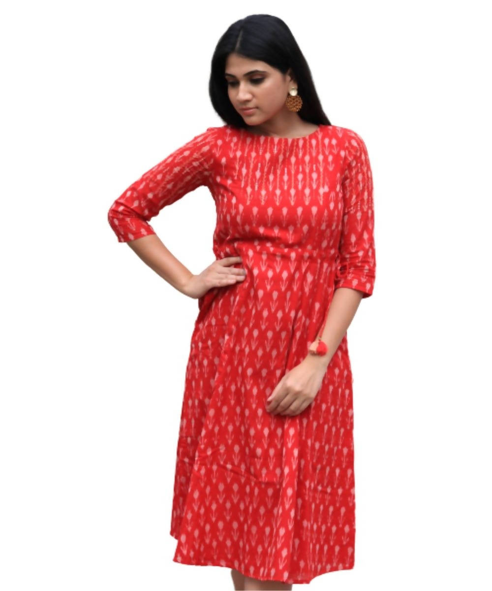 Red cotton ikat dress with sequin work