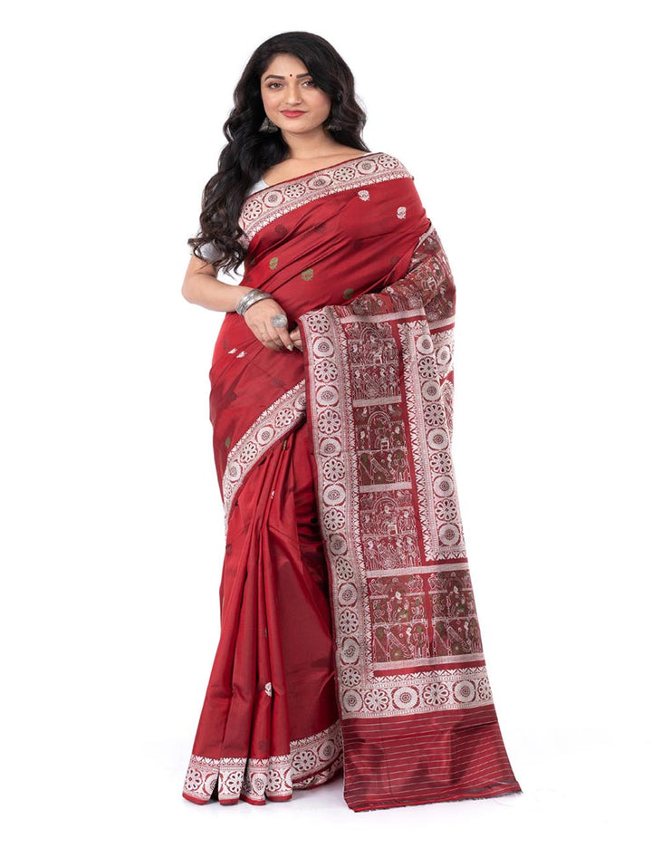 Maroon handwoven malda silk swarnachari baluchari saree