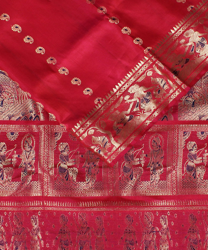 Pinkish red handwoven silk swarnachari baluchari saree