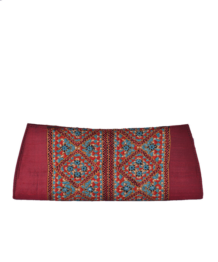 Maroon multicolor kutchy hand embroidery silk clutch purse