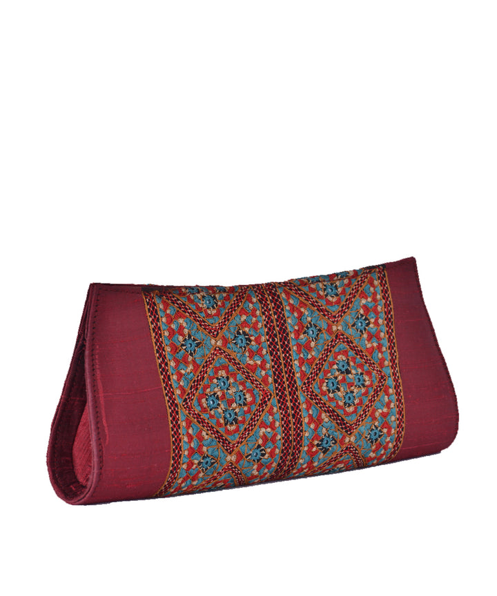 Maroon multicolor kutchy hand embroidery silk clutch purse