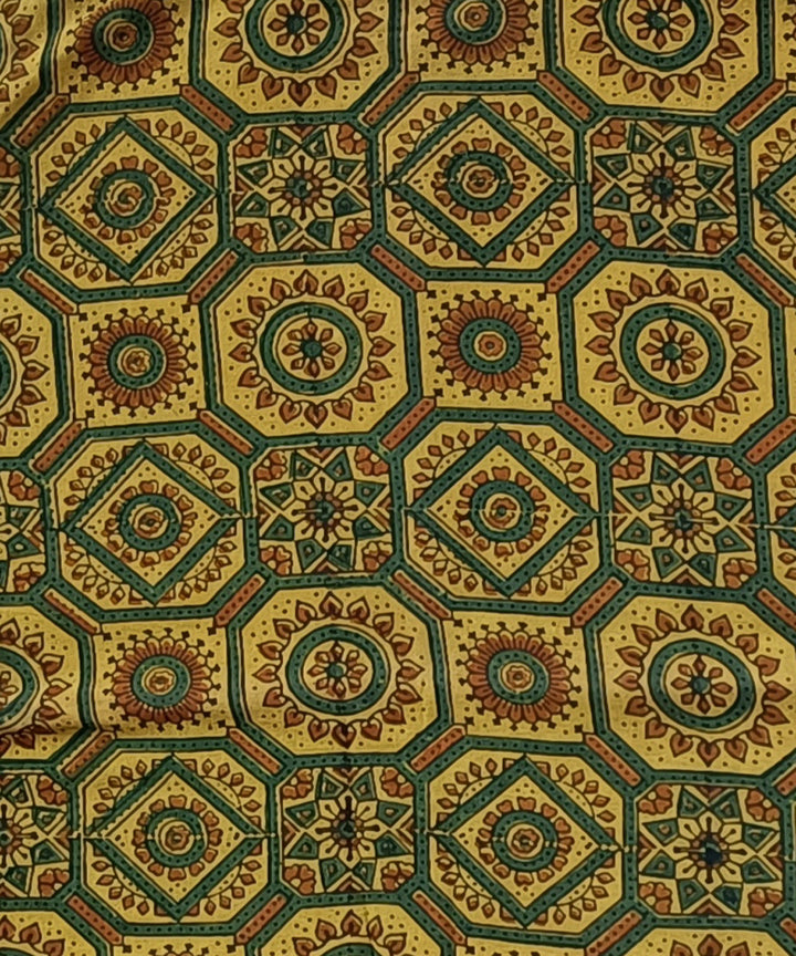 2.5m Yellow green ajrakh print handspun handloom cotton kurta fabric
