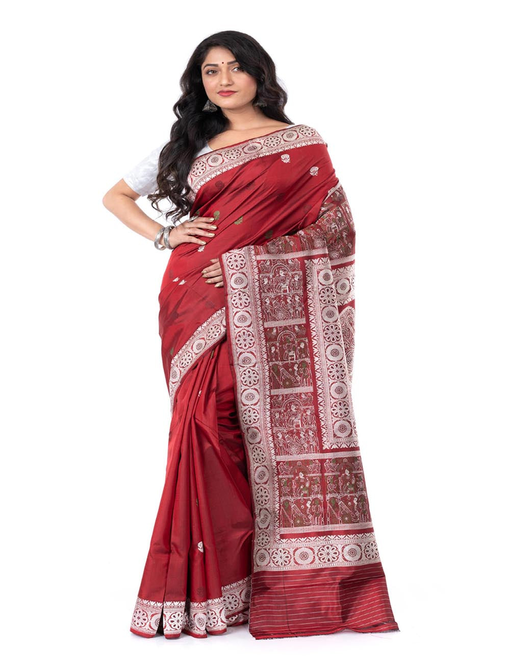 Maroon handwoven malda silk swarnachari baluchari saree