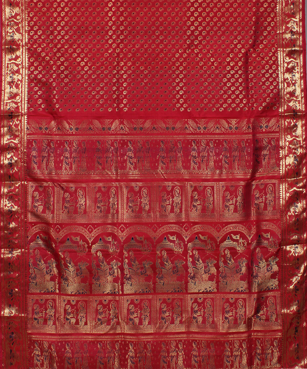Pinkish red handwoven silk swarnachari baluchari saree