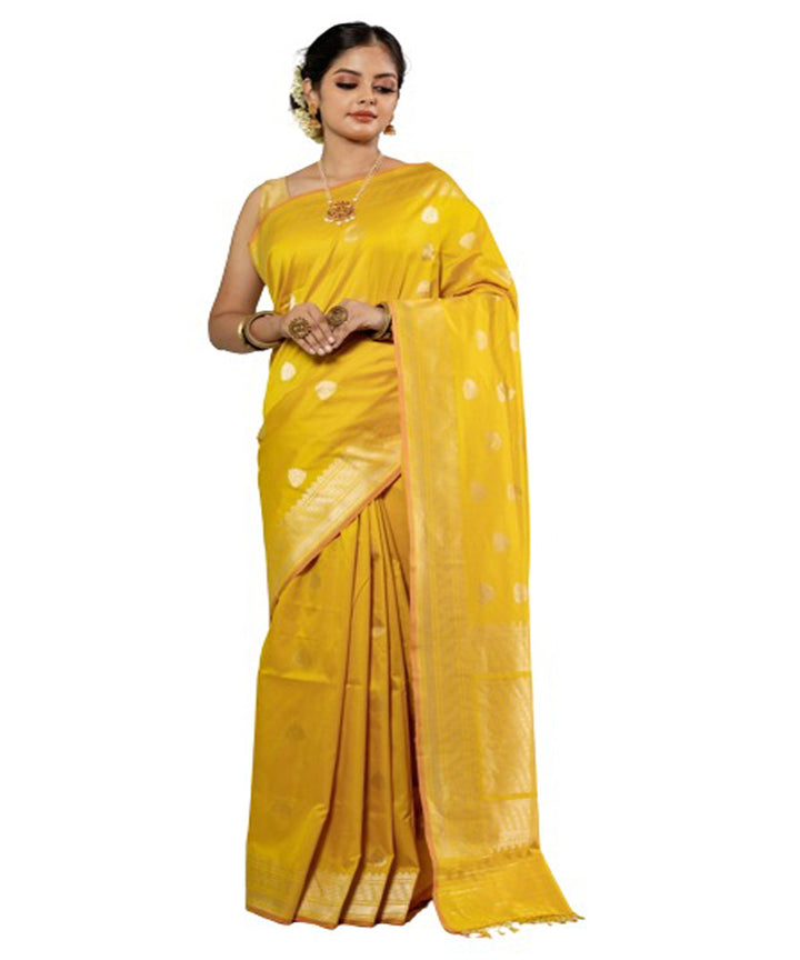 Yellow handloom cotton silk kadua booti banarasi saree