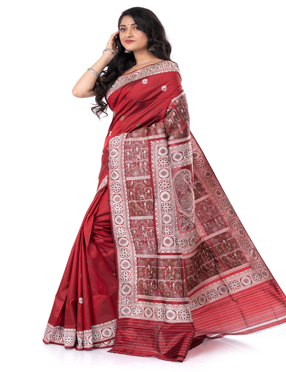 Maroon handwoven malda silk swarnachari baluchari saree
