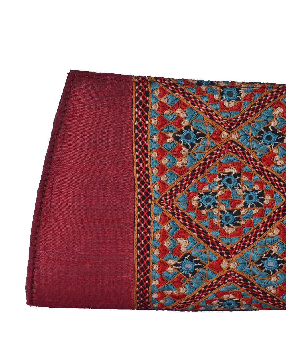 Maroon multicolor kutchy hand embroidery silk clutch purse