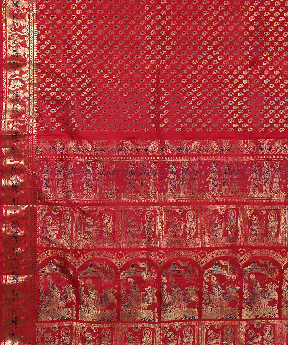 Pinkish red handwoven silk swarnachari baluchari saree