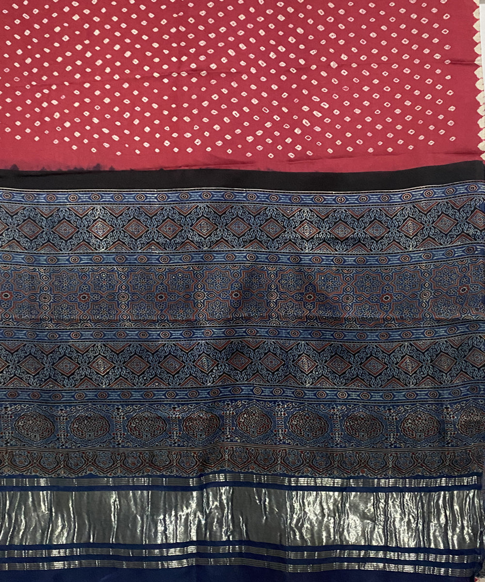 Pink blue hand printed bandhani modal silk saree