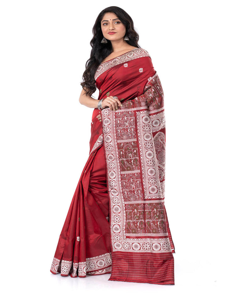 Maroon handwoven malda silk swarnachari baluchari saree
