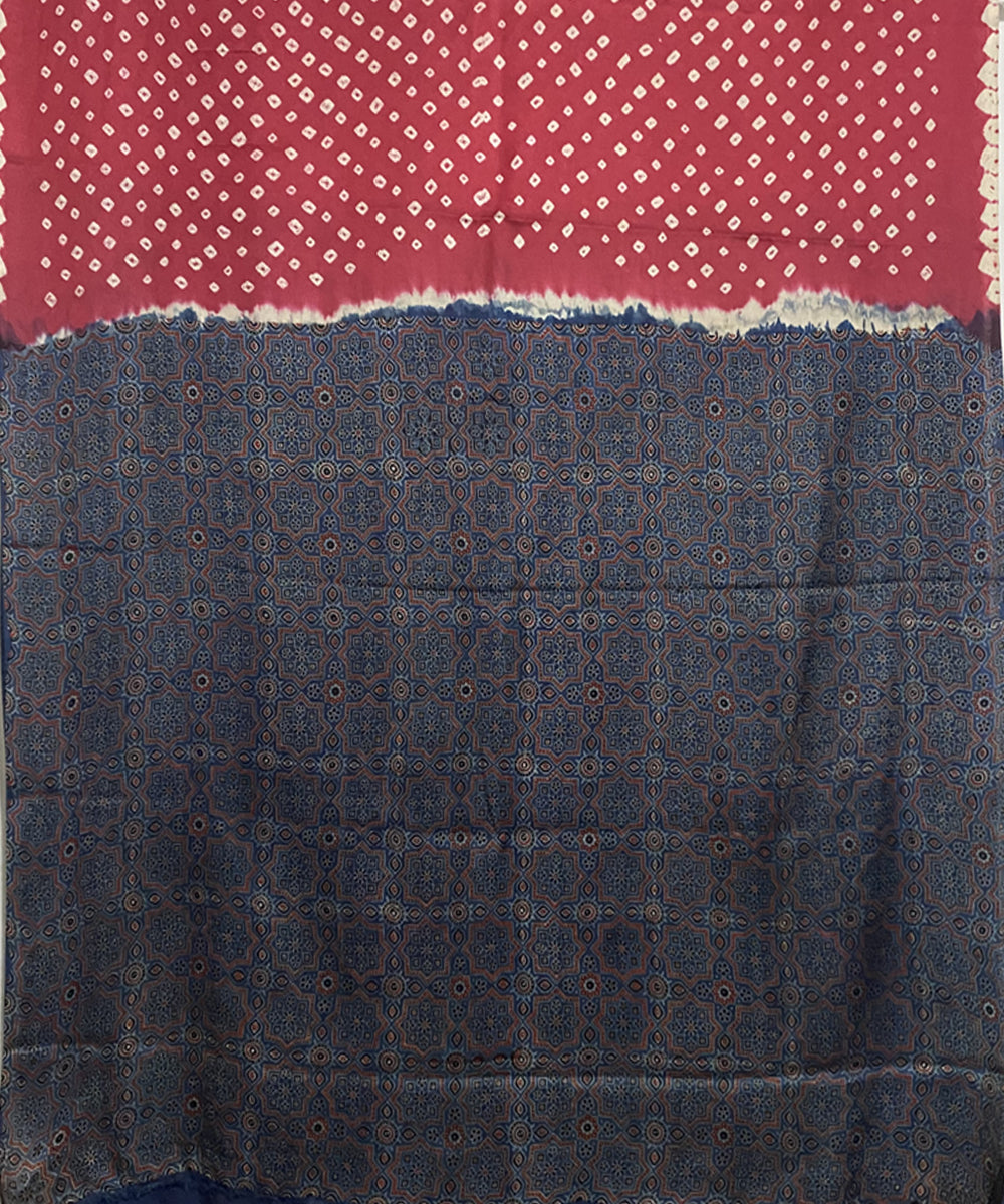Pink blue hand printed bandhani modal silk saree