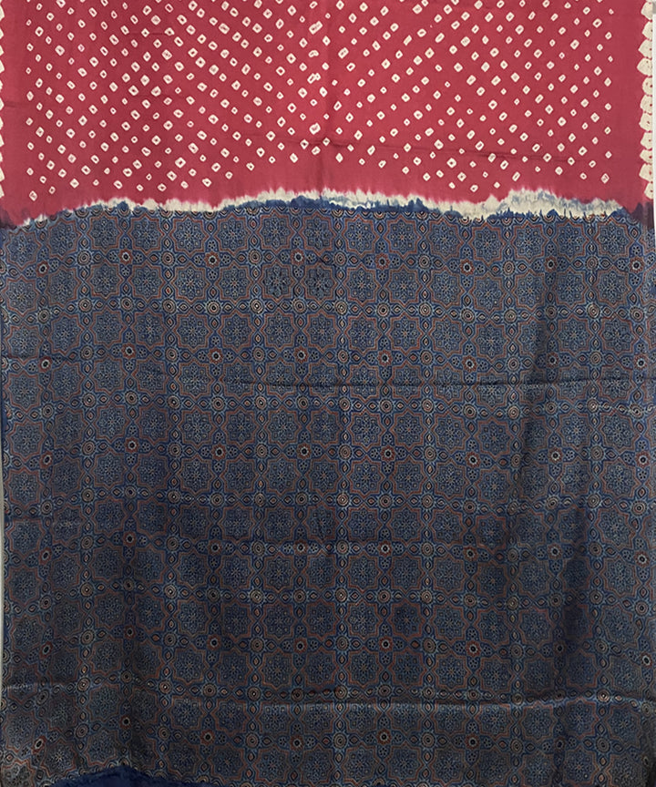 Pink blue hand printed bandhani modal silk saree