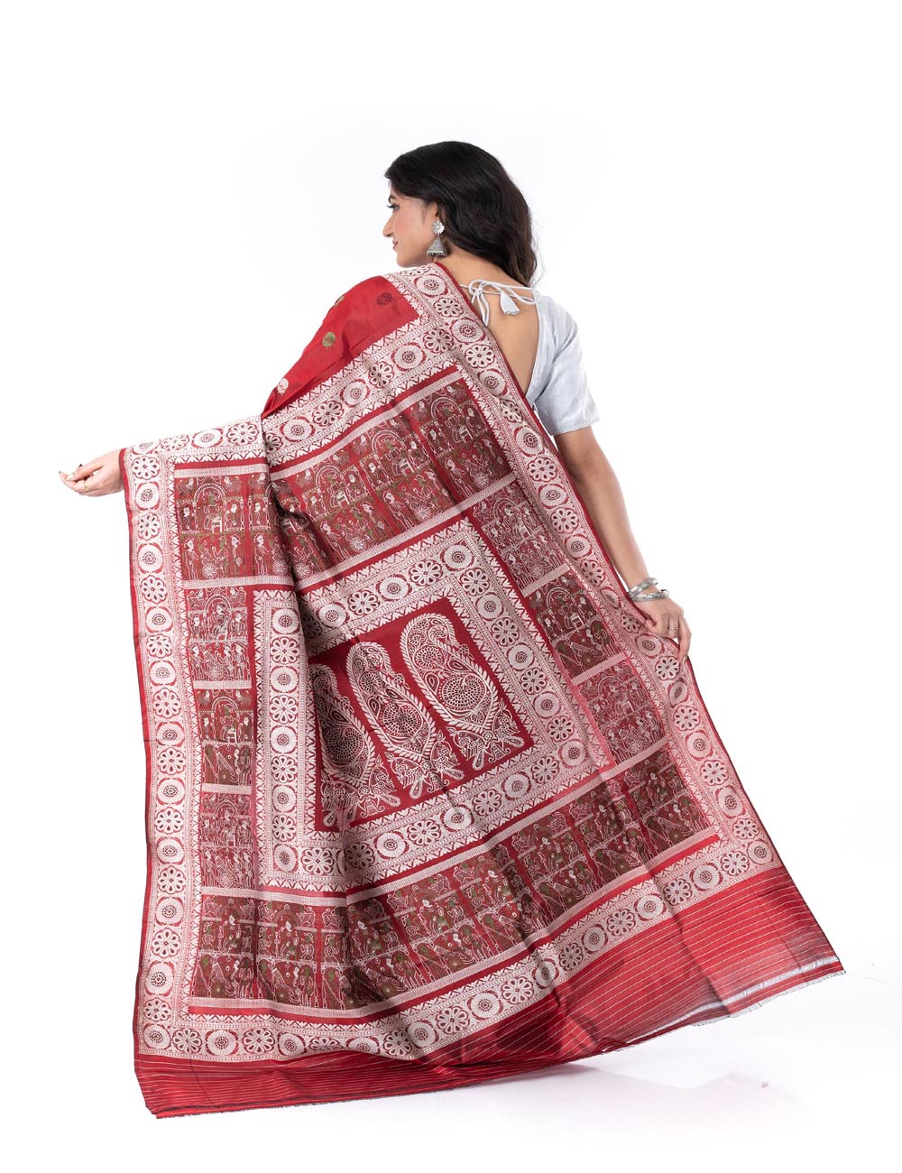 Maroon handwoven malda silk swarnachari baluchari saree
