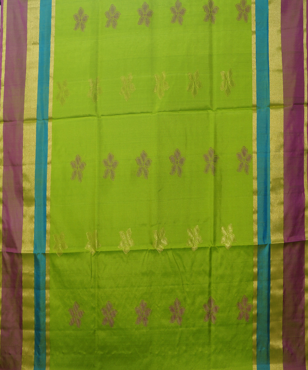 Handloom Parrot Green Pink Soft Silk Saree