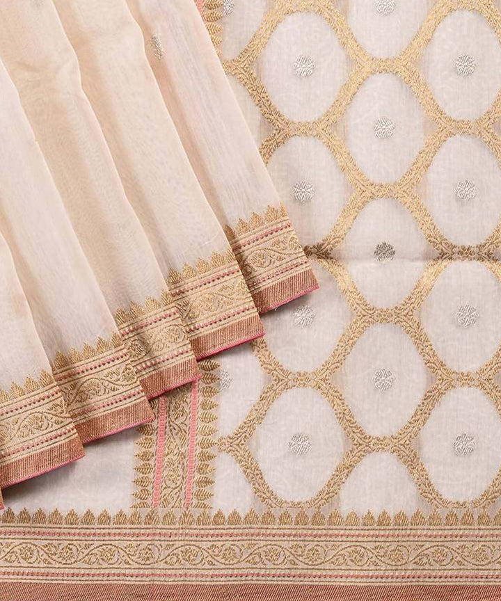 Cream handwoven pure banarasi saree in kora silk with kadua zari (gold & silver) buttis - kiara crafts