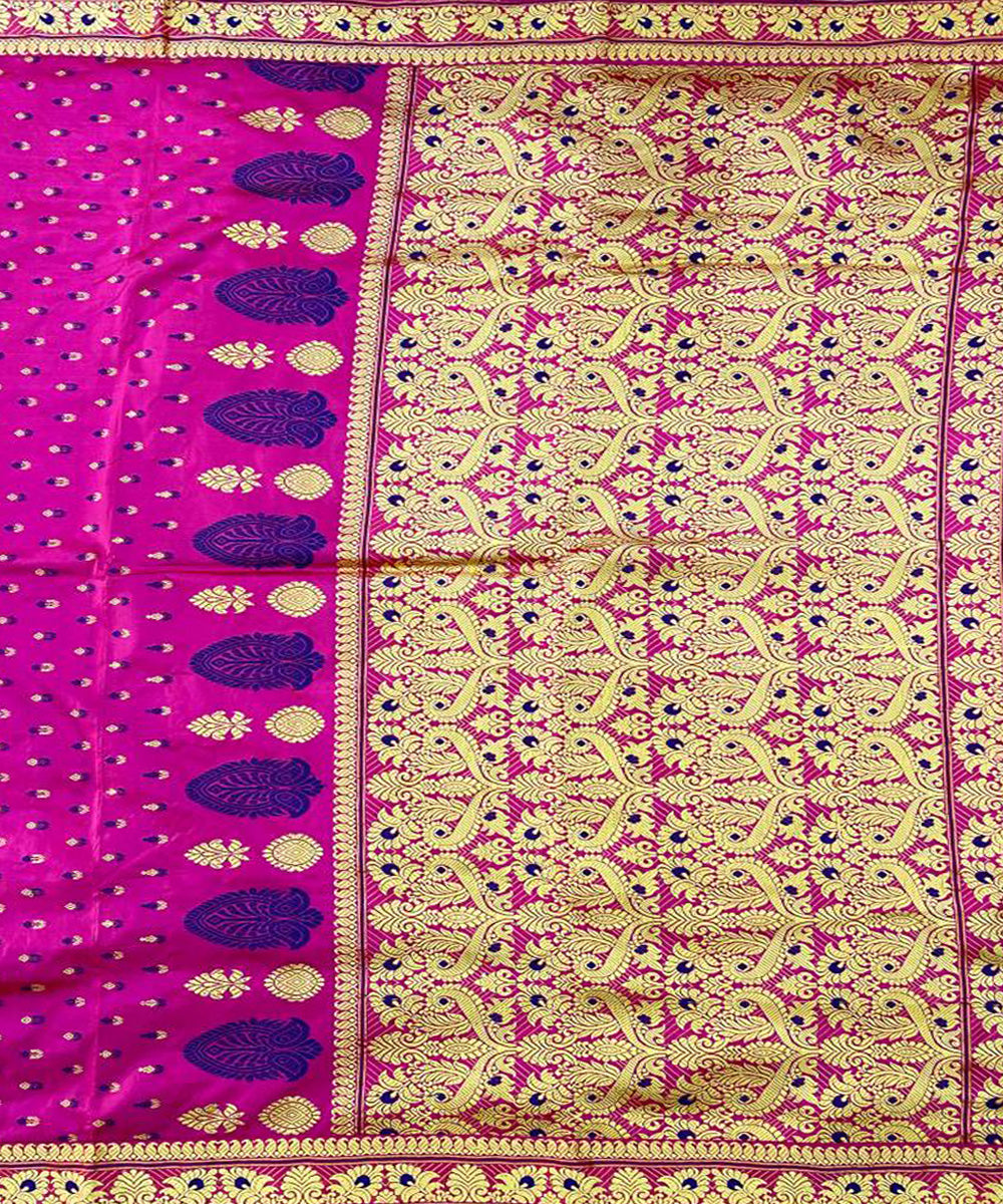 Pink blue handwoven paat mulberry silk assam saree