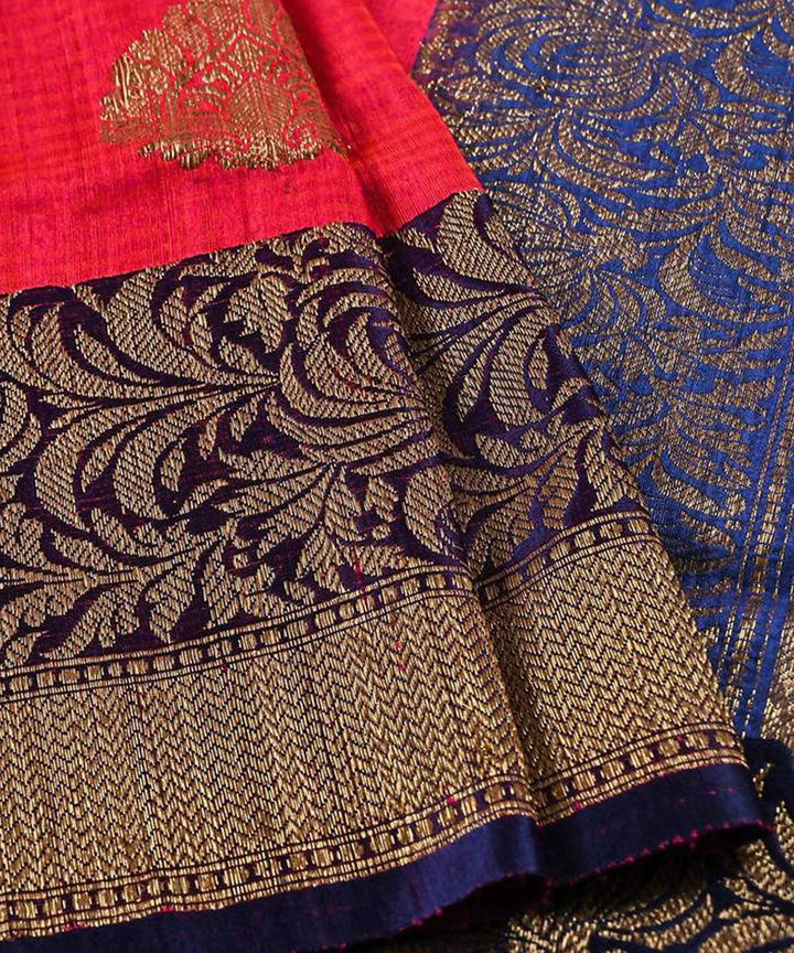 Red handwoven pure banarasi saree in silk with intricate zari work in floral motifs- kiara crafts
