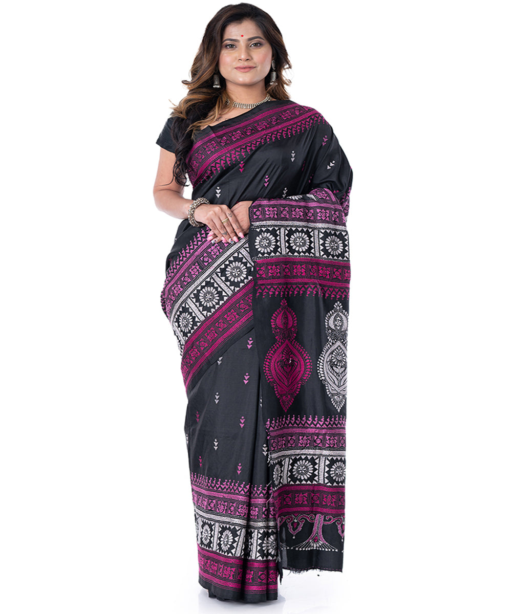 Black pink handwoven kantha stitch tussar silk saree