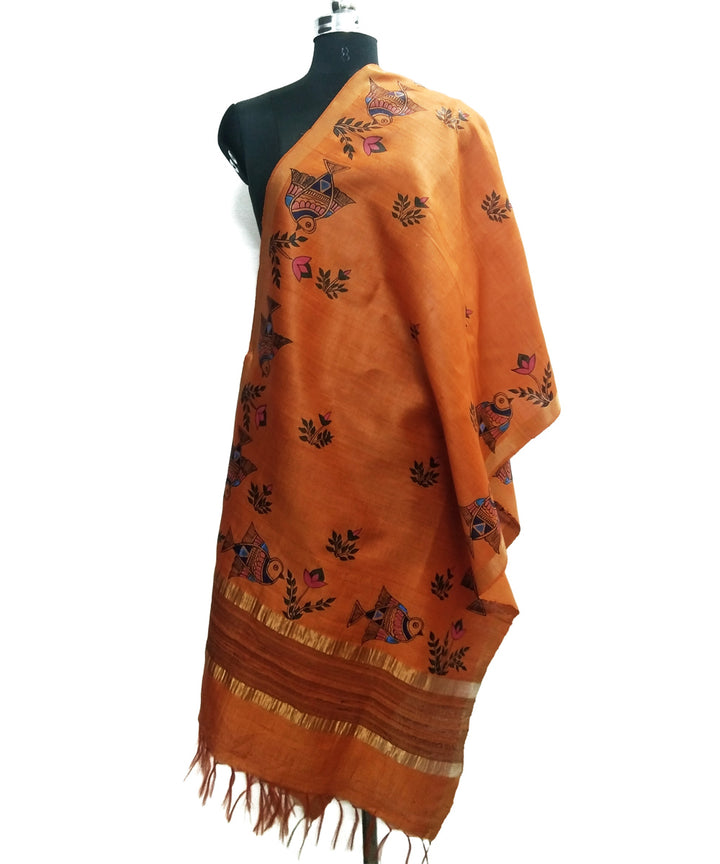 Hand painted godana art orange golden silk dupatta