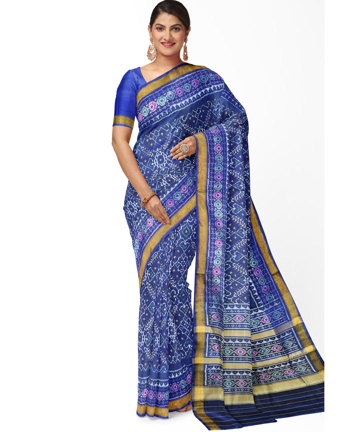 Dark navy blue silk handwoven patola saree