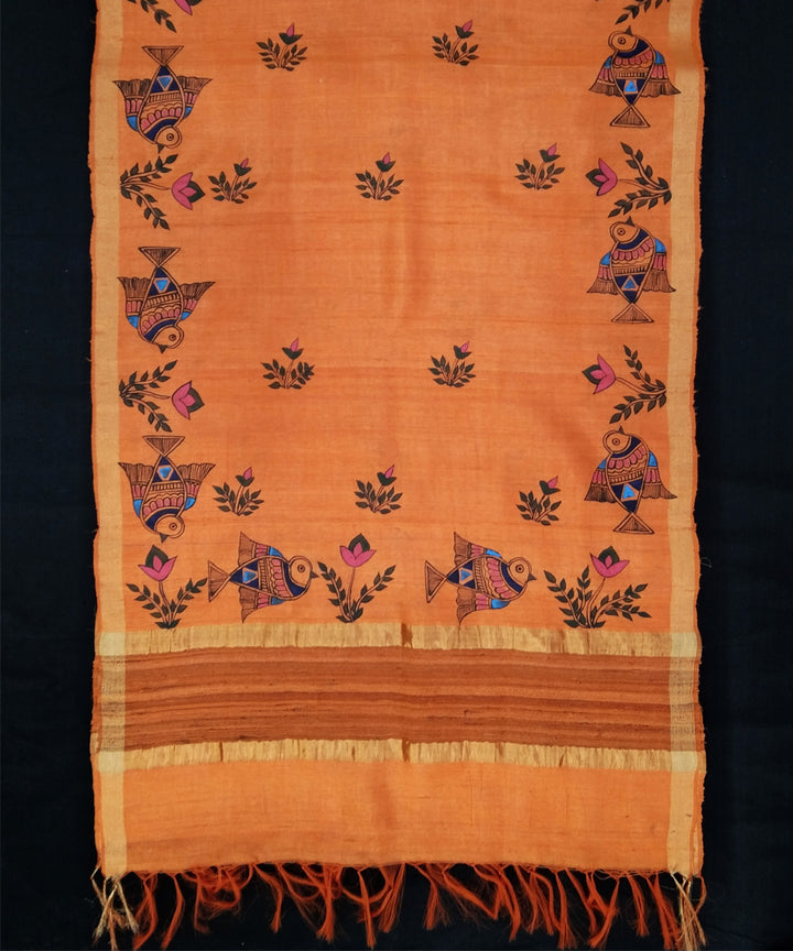 Hand painted godana art orange golden silk dupatta