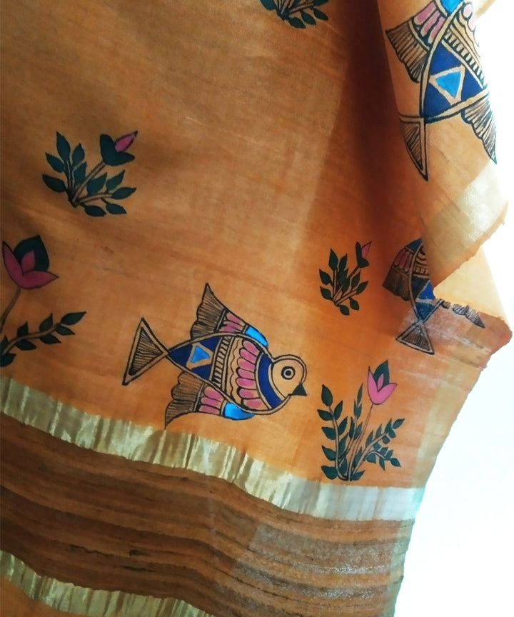 Hand painted godana art orange golden silk dupatta