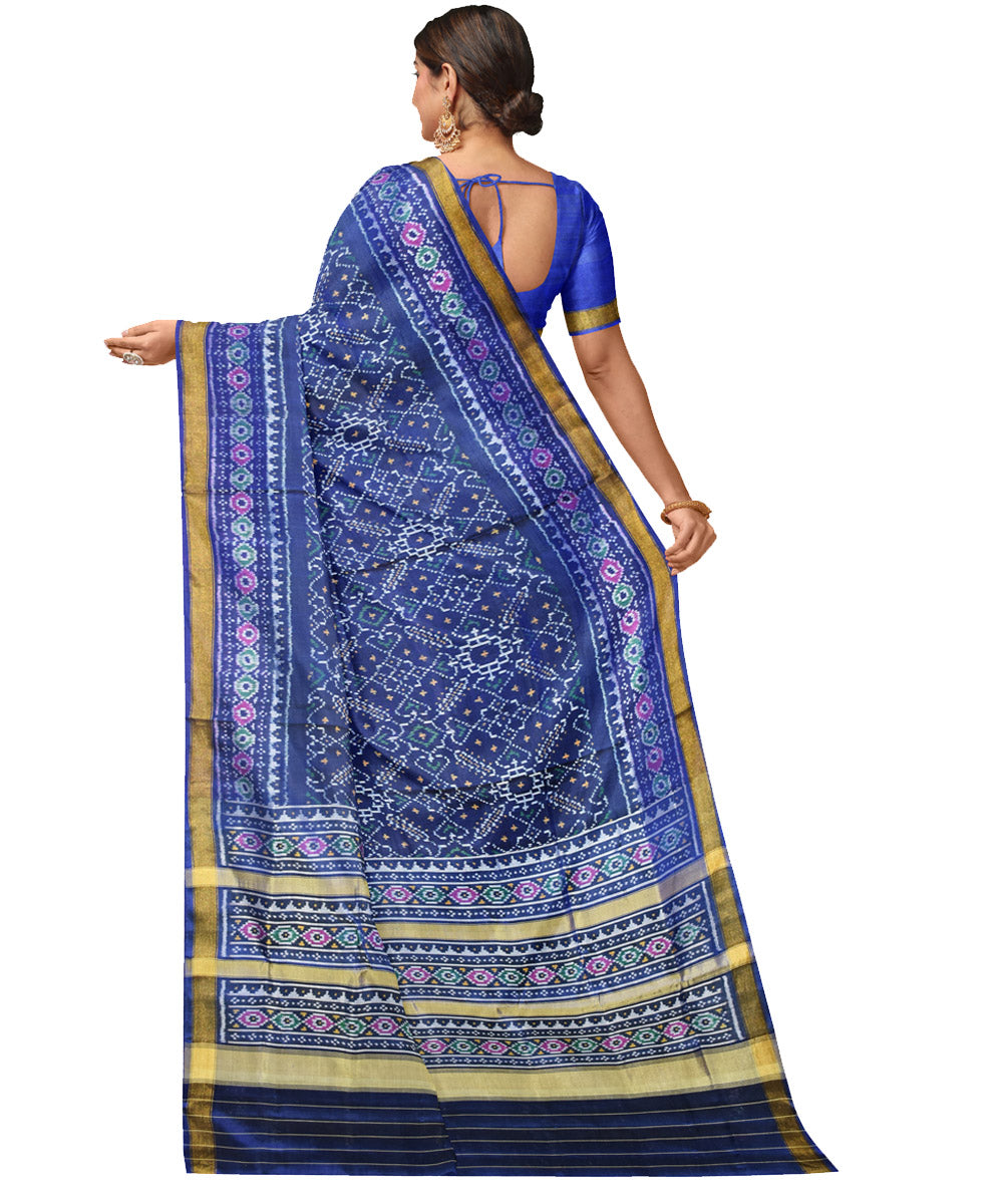 Dark navy blue silk handwoven patola saree