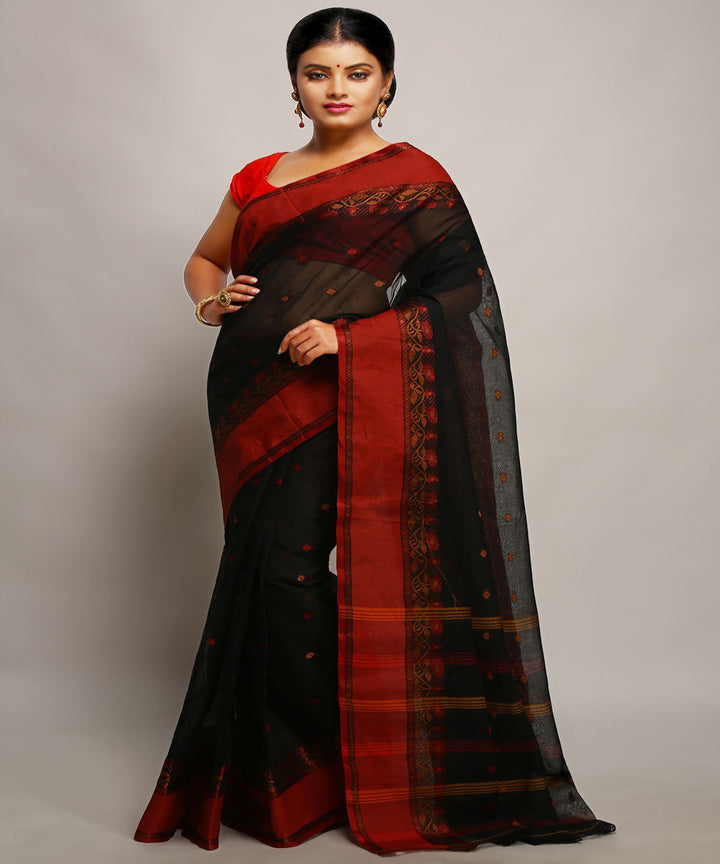 Black maroon handwoven tangail tant cotton bengal saree