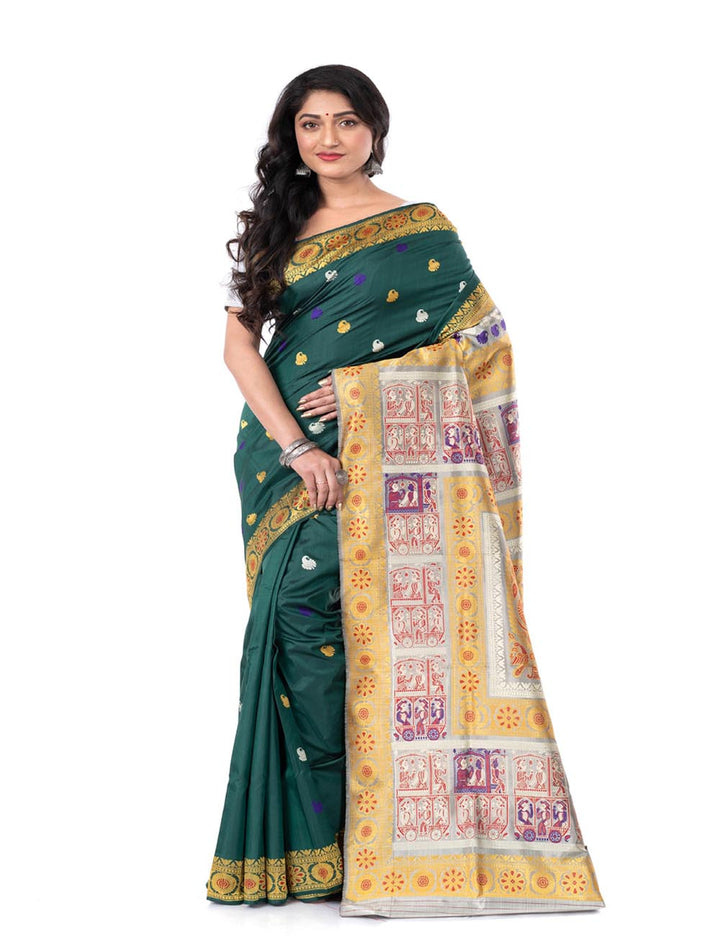 Dark green handwoven malda silk minakari baluchari saree
