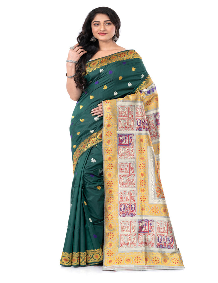 Dark green handwoven malda silk minakari baluchari saree