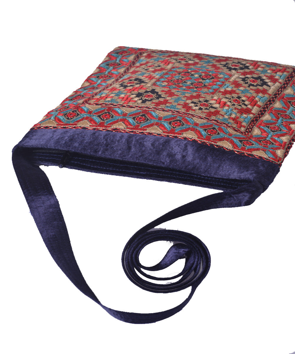 Blue red hand embroidered mashroo cross body bag