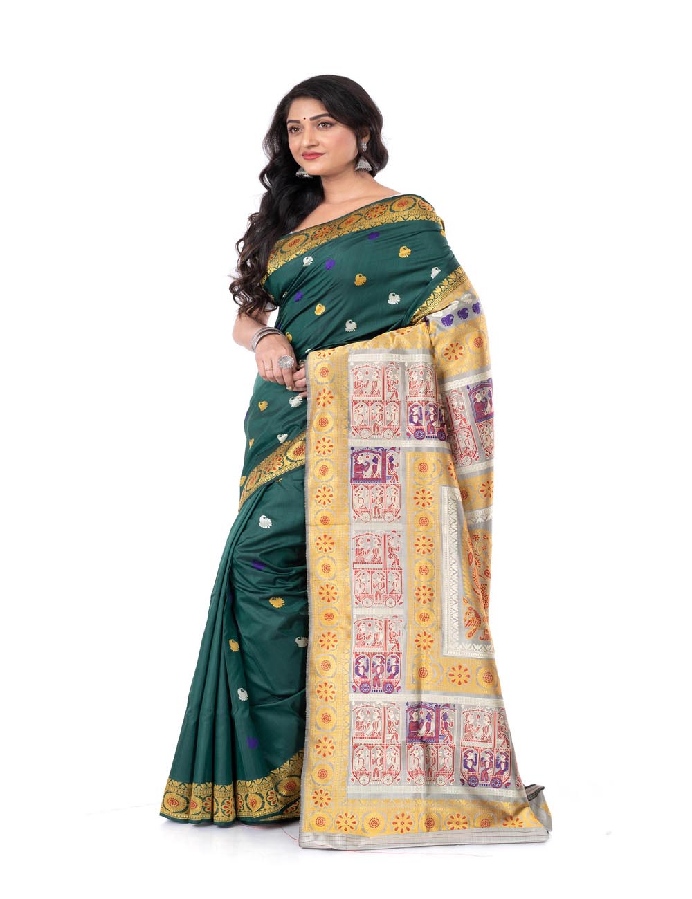 Dark green handwoven malda silk minakari baluchari saree