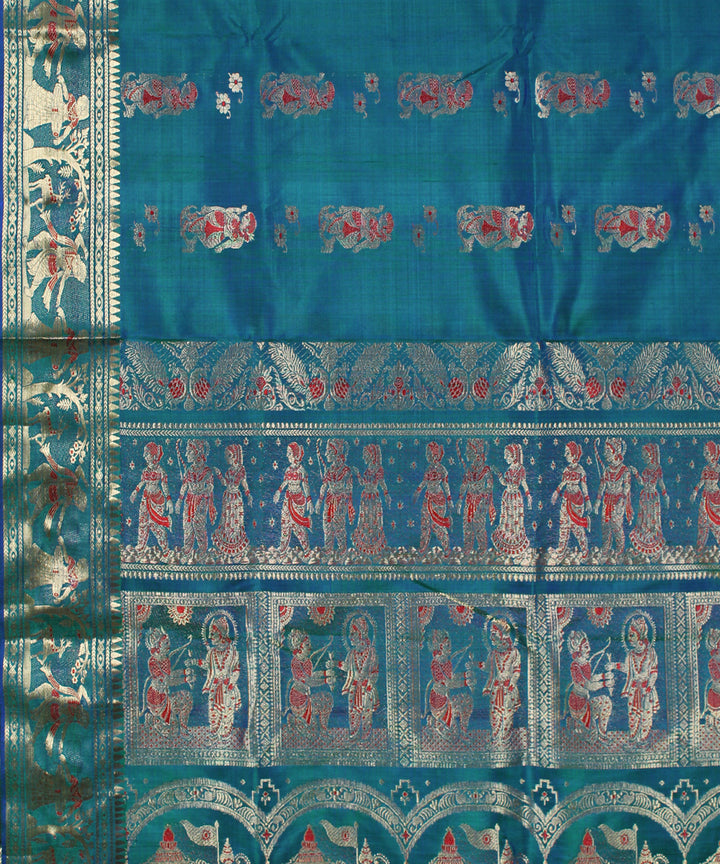 Dark turquoise handwoven silk baluchari saree