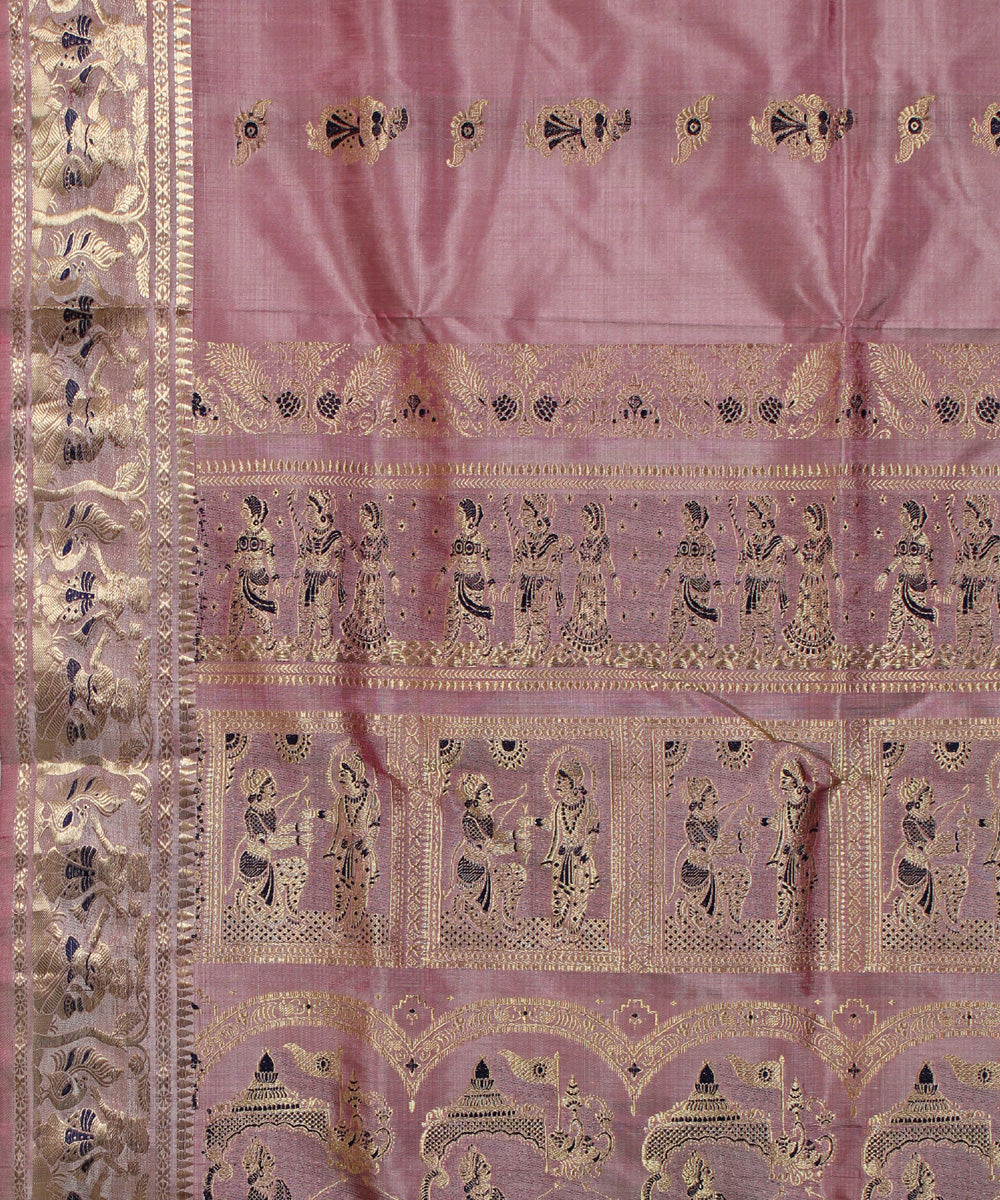 Mauve bright pink handwoven silk swarnachari baluchari saree