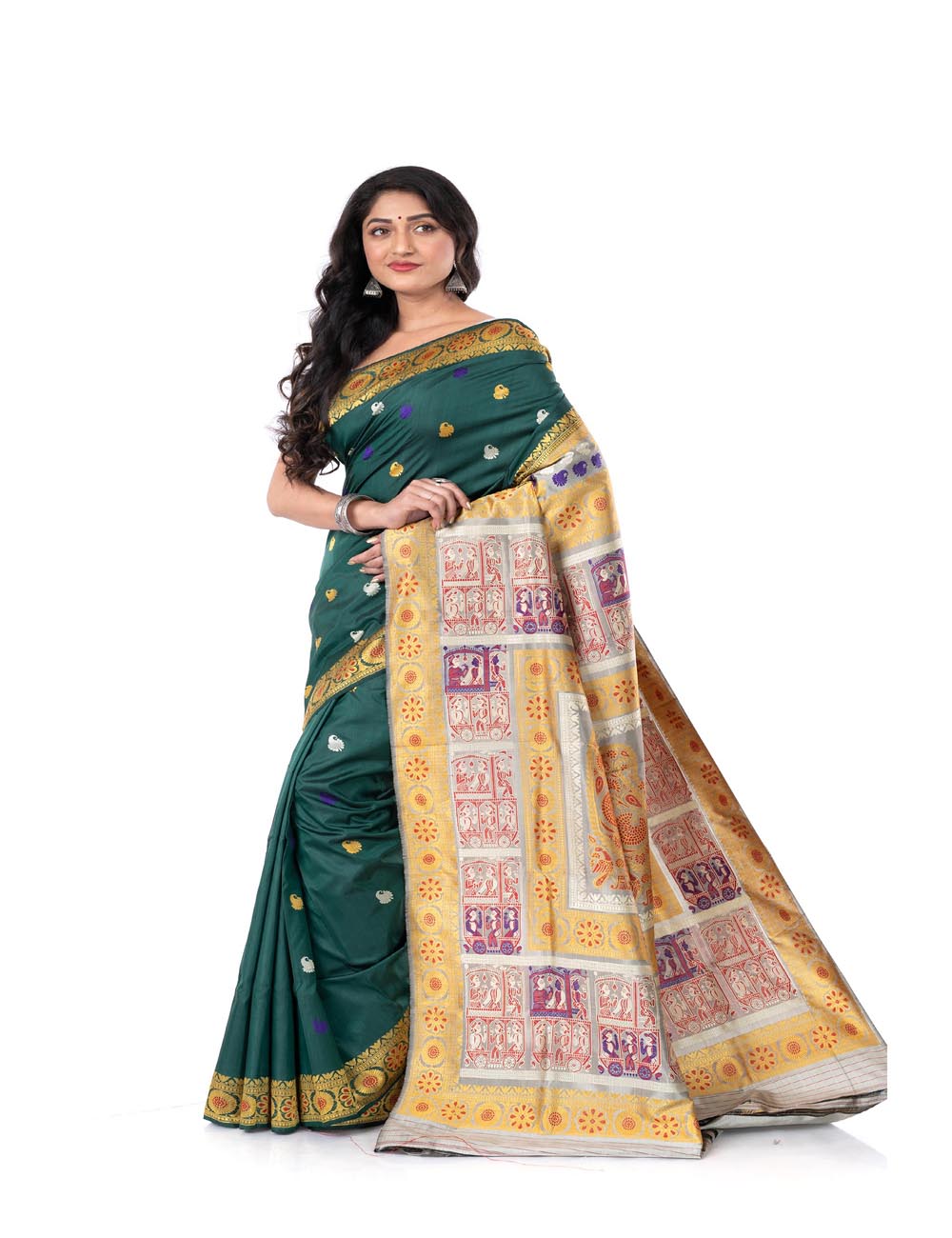 Dark green handwoven malda silk minakari baluchari saree