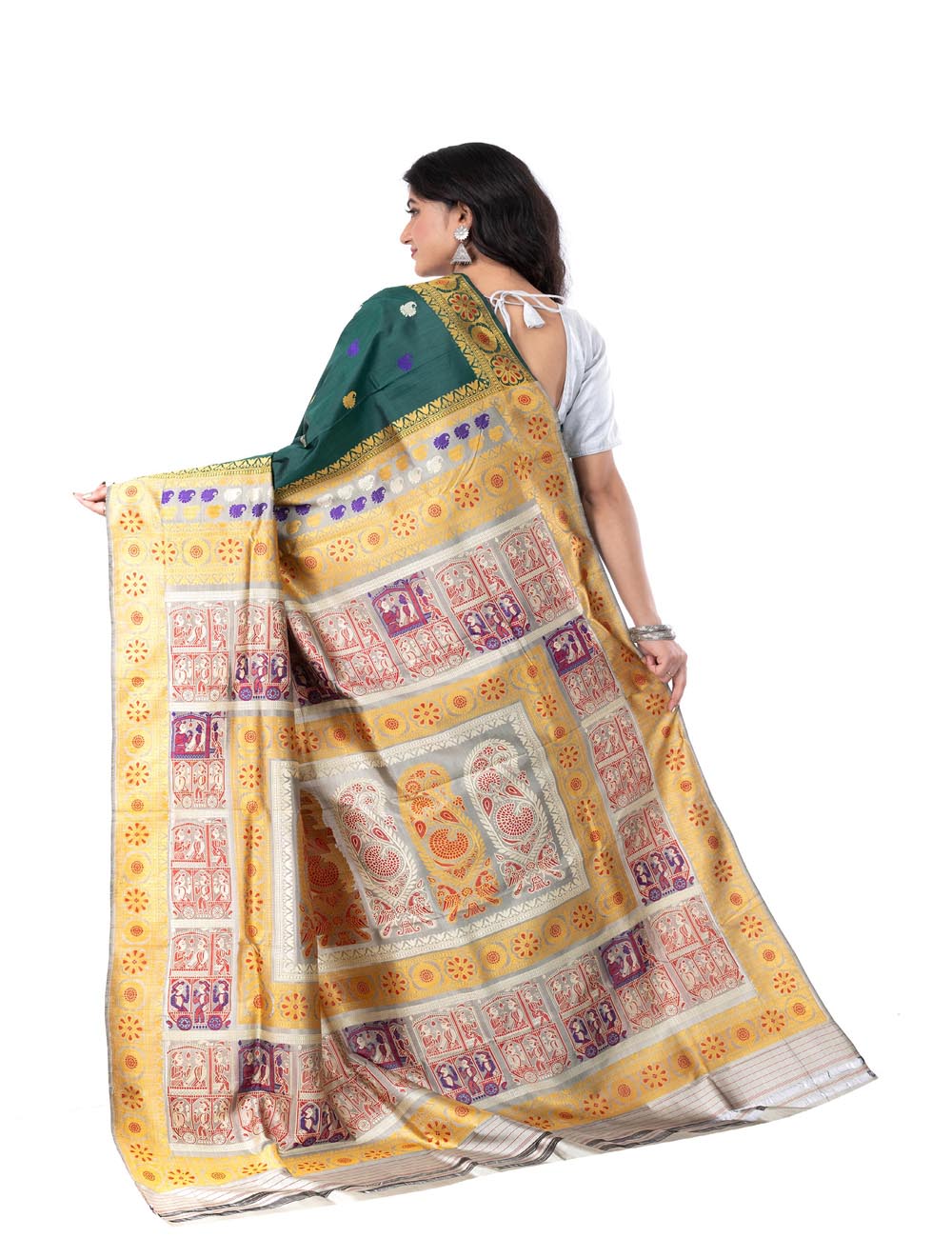 Dark green handwoven malda silk minakari baluchari saree