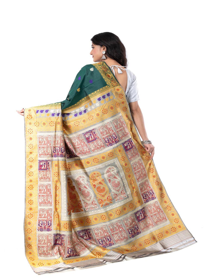 Dark green handwoven malda silk minakari baluchari saree