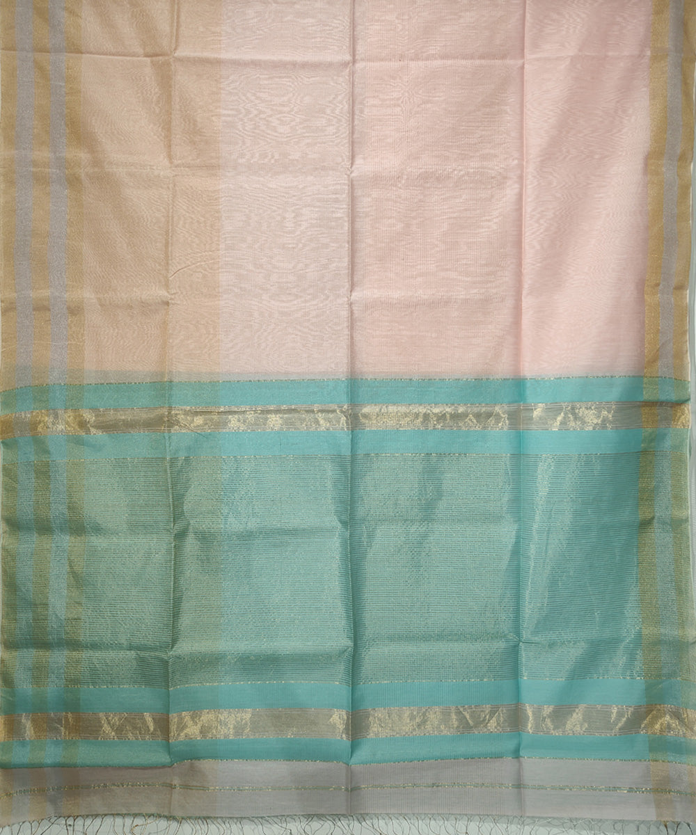 Baby pink sea green handwoven cotton silk maheshwari saree