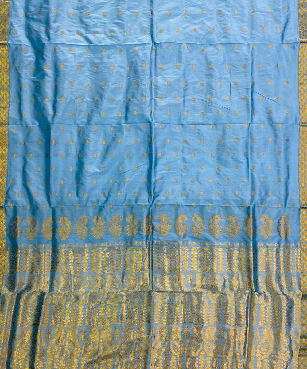 Sky blue golden zari handloom silk assam saree