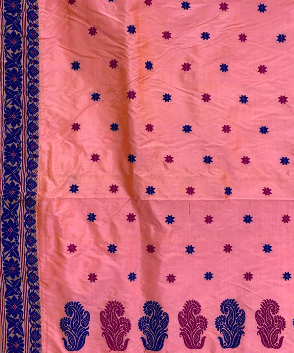 Peach and blue handloom silk assam saree