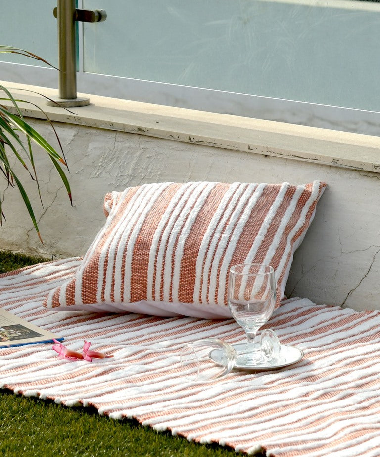 Peach white stripes handwoven cotton cushion cover