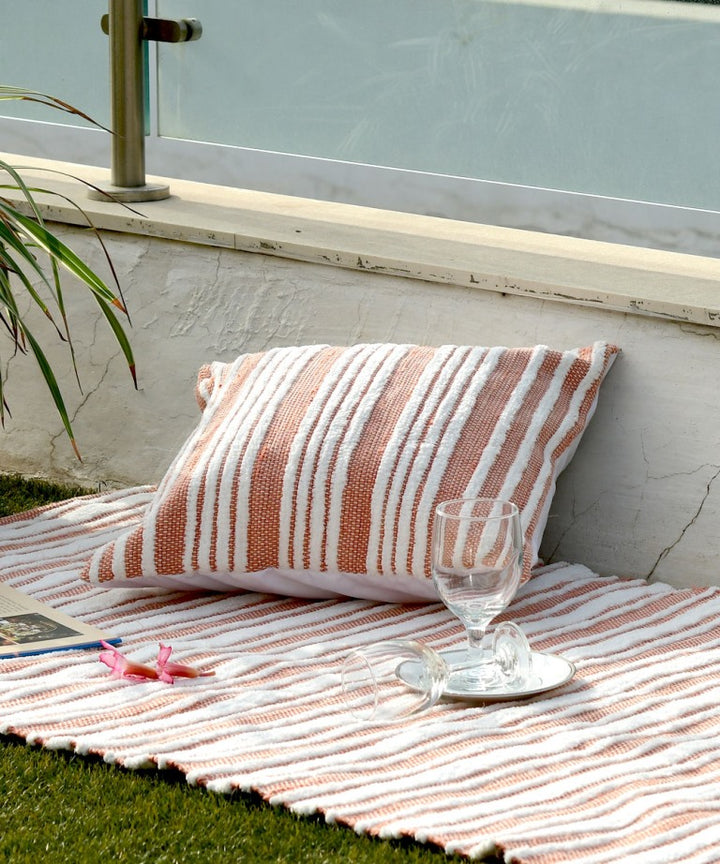 Peach white stripes handwoven cotton cushion cover