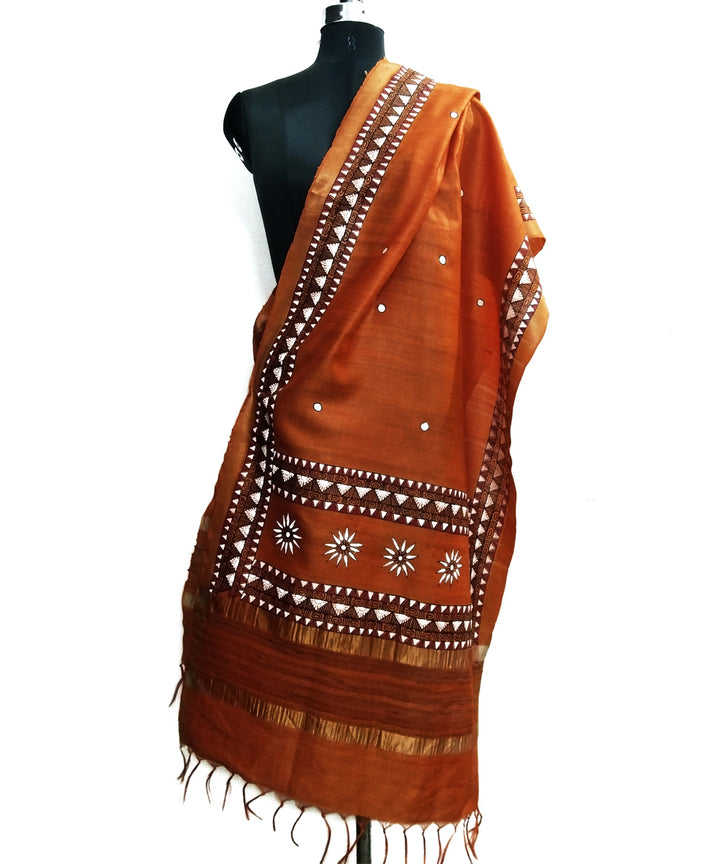 Golden orange hand painted godana silk dupatta